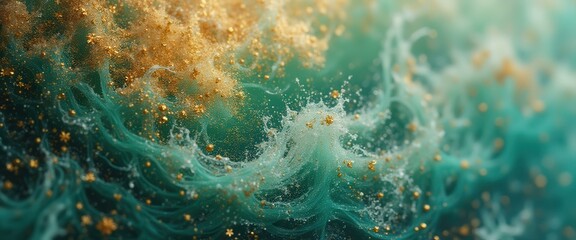 Poster - Ethereal Abstract Emerald and Gold Fluid Art: A Mesmerizing Dance of Color and Light