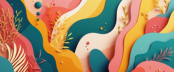 Leinwandbilder - Colorful Abstract Layered Paper Cut Landscape with Decorative Plants and Pastel Spheres in a Modern Design