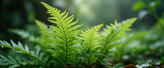 Aufkleber - Dew-Kissed Fern Fronds Bathed in Soft, Natural Light in a Lush Forest