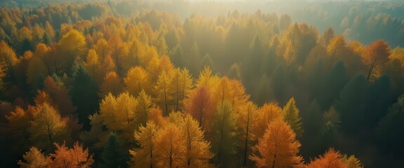 Aufkleber - Aerial view of an autumn forest canopy with vibrant colored foliage illuminated by soft, golden sunlight through the mist