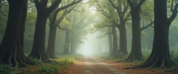 Aufkleber - Enchanting woodland path shrouded in mist, bordered by majestic trees, dappled sunlight, serene nature scene