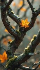 Poster - Tranquil Autumn: Golden Maple Leaf Adorns Mossy Branch in Serene, Natural Scene