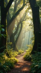 Poster - Enchanting Forest Path Bathed in Golden Sunlight, Ancient Trees Covered in Moss, Lush Green Undergrowth, and a Serene Woodland Ambiance