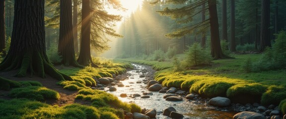 Aufkleber - Sunlit Stream in Enchanted Forest with Mossy Banks and Towering Trees