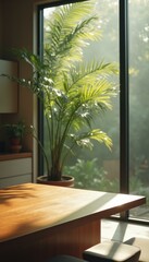 Aufkleber - Serene Indoor Scene with Wooden Table, Potted Plant, and Sunlight Through Window