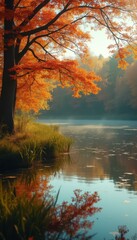 Aufkleber - Autumnal lakeside scenery with vibrant orange leaves and tranquil water reflections