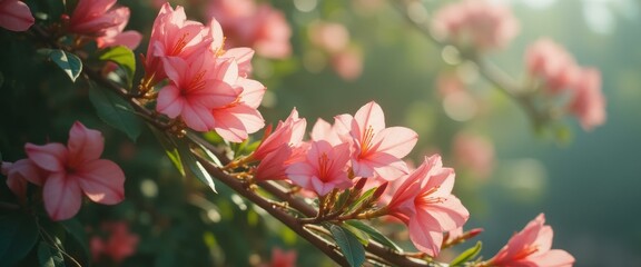 Leinwandbilder - Delicate Pink Azalea Blooms Bathed in Soft Sunlight, Branch with Vibrant Flowers in a Garden Setting