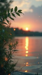Aufkleber - Tranquil Lake Scene at Sunset with Lush Greenery and Glistening Water Reflections