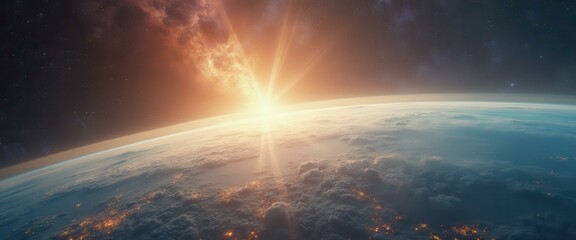 Poster - Breathtaking view of planet Earth with radiant sunrise illuminating clouds and city lights from space