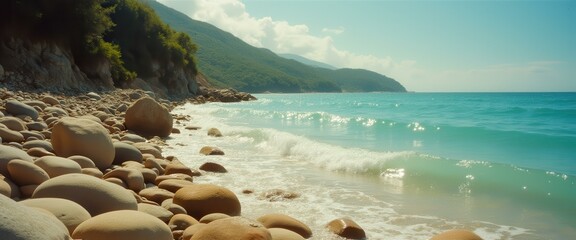 Poster - Serene Coastal Landscape with Smooth Rocks, Turquoise Water, and Verdant Hills
