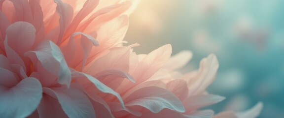 Leinwandbilder - Abstract soft focus close-up of pale pink flower petals with gentle sunlight on a hazy turquoise background