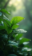 Aufkleber - Fresh Green Leaves Adorned with Sparkling Water Droplets in a Lush, Tranquil Natural Setting