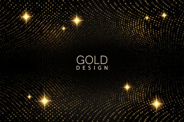 Wall Mural - Golden wave pattern with shiny tinsel on black background.