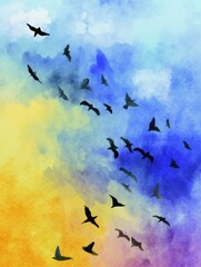Poster - Colorful Watercolor Depiction of Birds Soaring Through a Vibrant Sky Filled With Soft Clouds During Dusk Generative AI