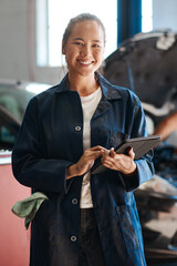 Poster - Workshop, woman or car mechanic in portrait with tablet, maintenance and research with confidence. Repair shop, female expert and digital for motor inspection, ecommerce and order parts online