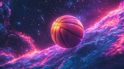 Wall Mural - Basketball floats in vibrant cosmic nebula