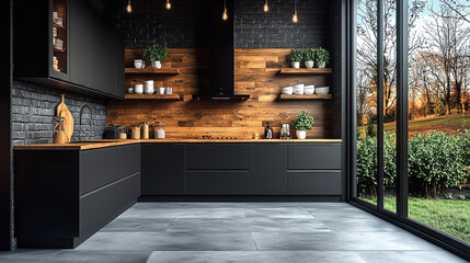 Poster - Modern kitchen with black cabinet wood countertop open shelf potted plant large window brick wall pendant light and outdoor view creating cozy atmosphere