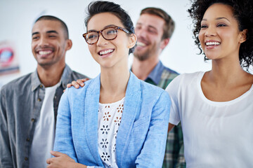 Poster - Business people, listening and smile with meeting in office for teamwork, collaboration and creativity. Employees, diversity and happy at work with pride for workshop, training and communication