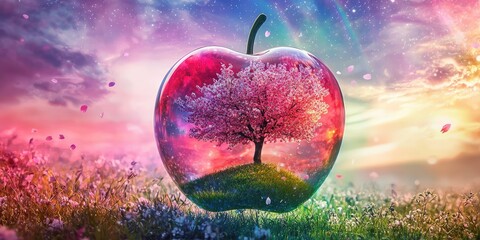 Wall Mural - a floating glass apple with a grassy hill and a radiant cherry blossom tree inside, against a cosmic