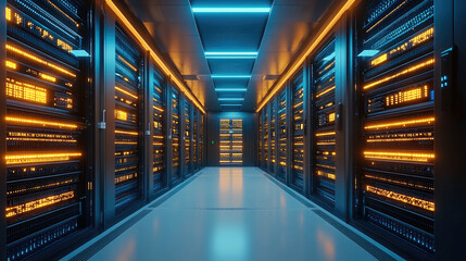 Leinwandbilder - Modern data center interior with glowing server racks, blue and orange LED lights, futuristic technology, and clean reflective floor, conveying innovation and high security