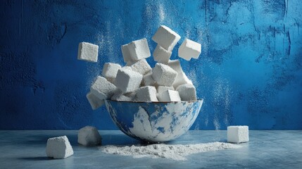 Poster - Blue background highlighting white sugar textures and shapes in bowl and cube form