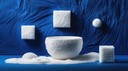 Poster - Blue background highlighting white sugar textures and shapes in bowl and cube form