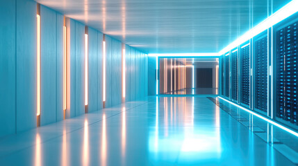 Leinwandbilder - Futuristic data center corridor with glowing blue and orange lights, modern server racks, and reflective floor, creating high tech, secure, and innovative atmosphere