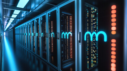 Leinwandbilder - Row of glowing server racks in modern data center, illuminated by blue and orange lights, showcasing advanced technology and futuristic atmosphere