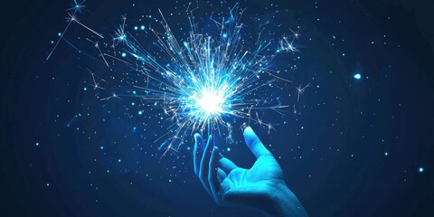 Wall Mural - elegant blue stroke vector of hand holding firecracker, bright abstract sparks.