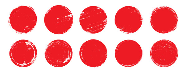 Aufkleber - Japan circle red sun brush stamp watercolor paint shape sets. Hand drawn rough red Japanese flag circle shape ink brush stroke texture. Grunge asian rough badge element pack. Vector illustration