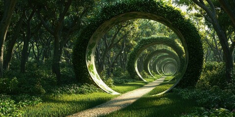 Wall Mural - verdant surreal woodland of precise foliage domes, path coiled through like a ribbon, lightly travel
