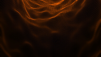 Abstract Orange particle waving texture with glowing particles. Cyber or technology digital background