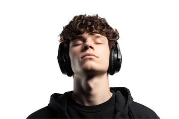 Poster - A young guy listening to music with eyes closed, deeply immersed in music, isolated on white background
