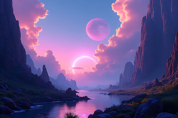 Wall Mural - Futuristic dreamscape valley with luminous cliffs, magnetic skies, and strange vegetation, crystal-clear visuals