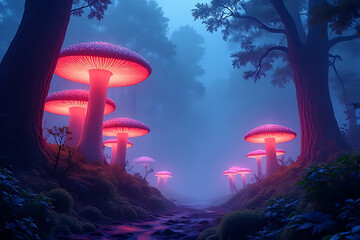 Wall Mural - dreamlike fantasy forest with giant bioluminescent mushrooms and glowing fog, colorful lights and pr