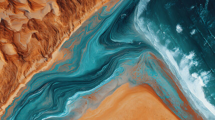 Aufkleber - Abstract aerial views of desert ocean landscape in orange and blue, sand dunes and swirling waves wallpaper