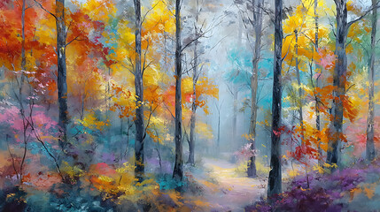Poster - Abstract forest with fall and spring leaves, colorful seasons in the mystic woods, stunning watercolor landscape oil painting