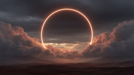 Aufkleber - Abstract neon light cloud formation, sphere in the sky over sunset landscape, glowing aura circle in the sky, cloudscape weather storm