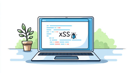 Laptop with code on screen showing xss bug, indoor plant beside, green background, concept of cross site scripting attack, cybersecurity threat, digital security awareness