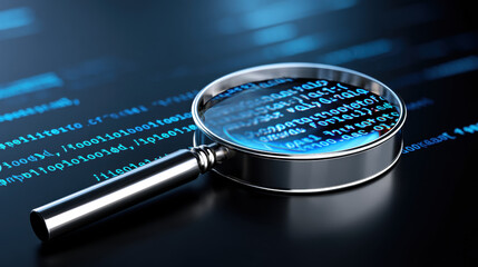 magnifying glass, blue code, digital security, audit process, data analysis, and technology concept 