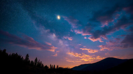 Poster - Dark blue sky after sunset with beautiful awesome sky with moon and milky way