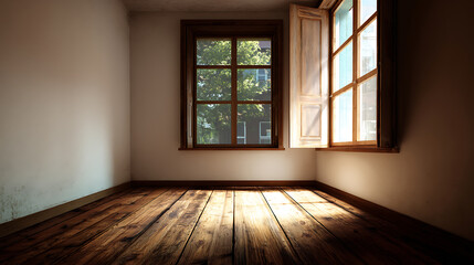 Poster - An empty room with a wooden floor and a window