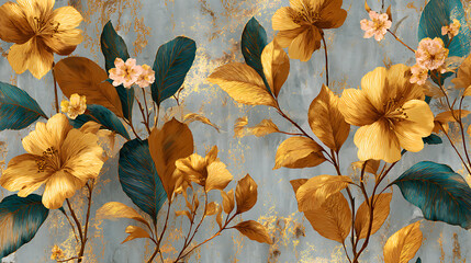 Poster - Decorative flowers with golden leaves as wallpaper background
