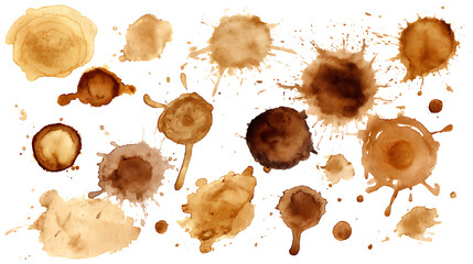 Poster - Assorted coffee stains on white background depicting various brown tones and splashes