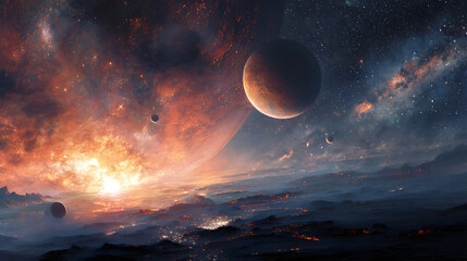 Aufkleber - Dramatic abstract space solar landscape, planets, stars, and moons in a supernova, science fiction art