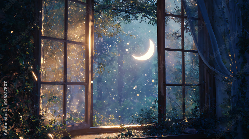 Window Glow Enchanting scene of moonlight casting magic glow on window Stock ...