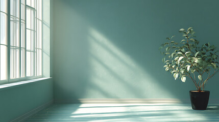 Aufkleber - Peaceful interior background with soft teal walls and potted plant, sun rays streaming through windows, wallpaper