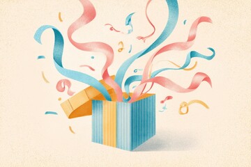 Poster - Soft Pastel Illustration Showcases an Open Gift Box With Colorful Ribbons Floating Joyfully Above, Creating a Festive Atmosphere Generative AI