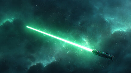 Leinwandbilder - Illuminated green lightsaber against a cosmic background with stars and nebulae