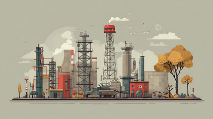 Poster - Industrial pollution and environmental conservation concept with refinery